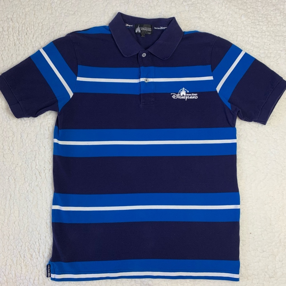 Disneyland Hong Kong Men's Navy/Blue Stripe Polo Shirt Size L